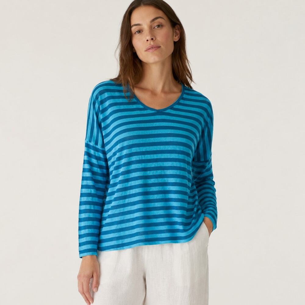 HARARI V-neck Pullover Blouse blue stripe sheer size Small